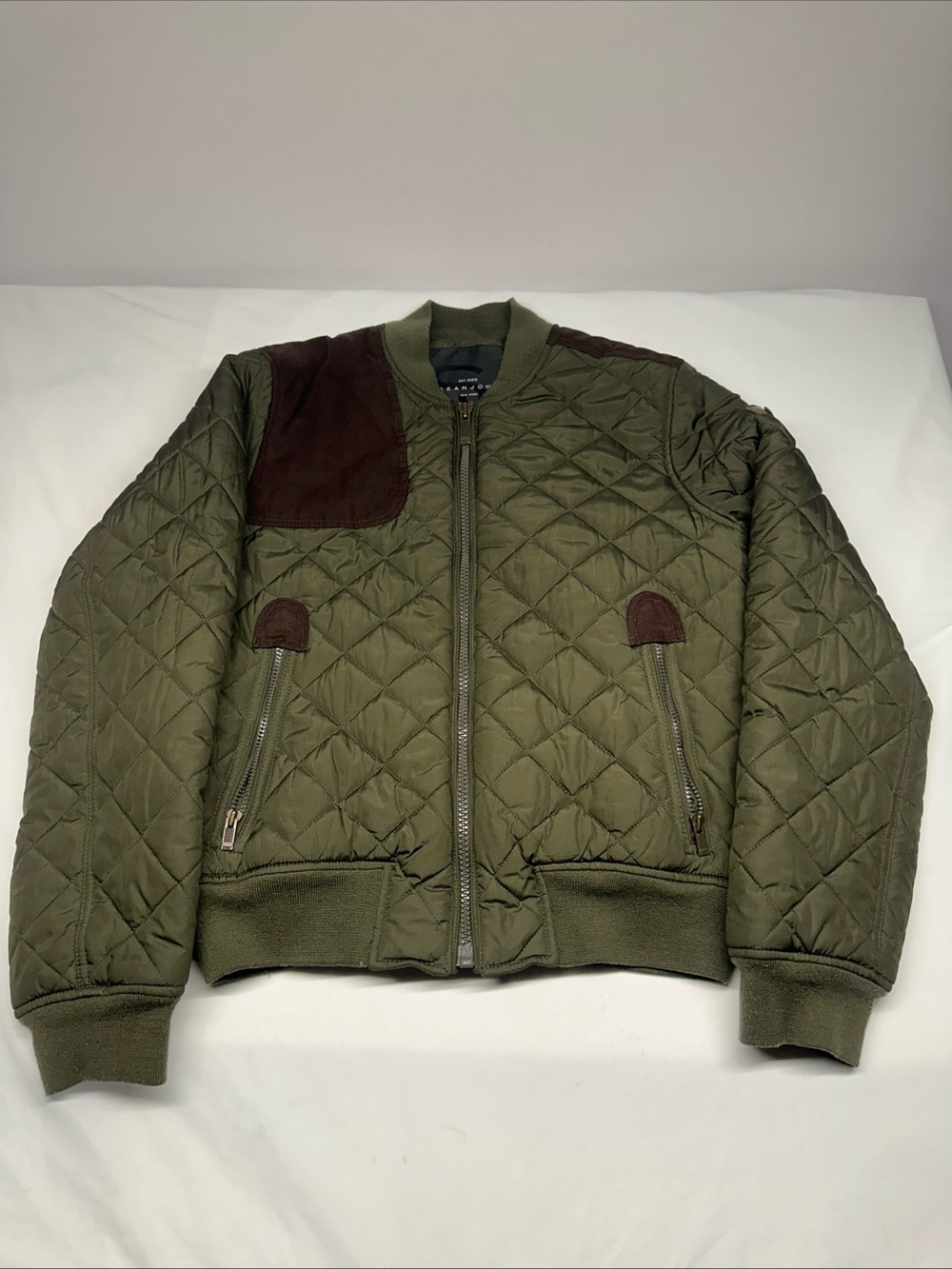 Sean John Olive Quilted Bomber Jacket with Brown Patch Accents